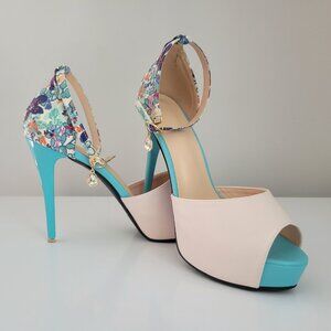 Floral Ankle Strap Crystal Ultra High Peep Toe Stiletto Pumps Size 9 (CN41)